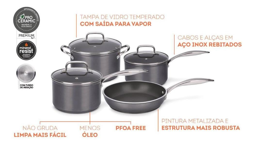 Jogo De Panelas Antiaderente Ceramic Unique Indução 4 Peças Cor Cinza