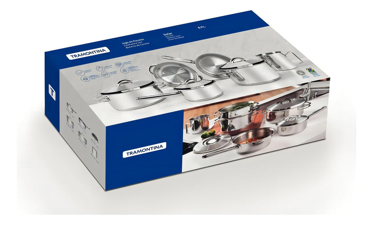 Jogo De Panelas Tramontina Solar Inox 6 Peças - Indução, Fundo Triplo, Alta Performance E Durabilidade, Design Moderno E Prático Para Sua Cozinha